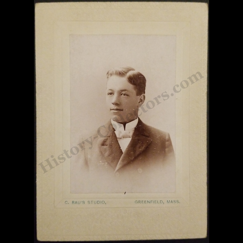 1896 Young Male Professional Portrait Mounted Photograph - C. Bau’s Studio - Greenfield Massachusetts - Unidentified - Gilded Progressive Era - Ready For Framing