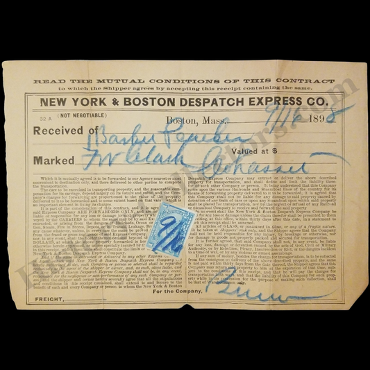 1898 New York & Boston Dispatch Express Company Shipping Receipt - Boston Massachusetts - Rail Steamboat Freight - Documentary Revenue Stamp - Gilded Progressive Era - Ready For Framing