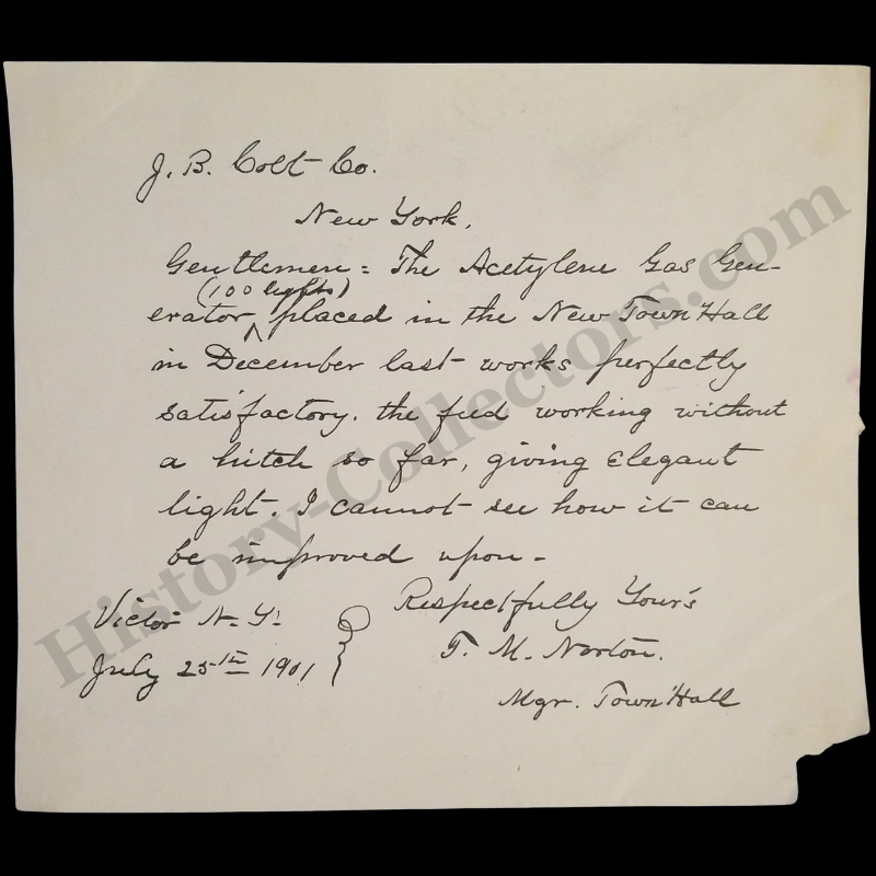 1901 J.B. Colt Company Acetyline Gas Generator Installation Testimonial - Victor New York Town Hall - F.M. Norton Manager - July 25 - Progressive Era - Ready For Framing