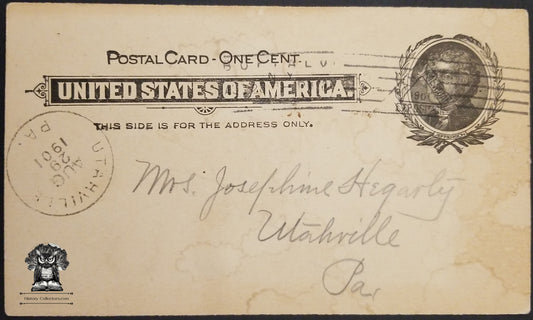 1901 One Cent Jefferson Personal Postal Card - Scott UX14 - Postal Cancel Pan-American Exposition Buffalo NY - Postal Cancel Utahville PA