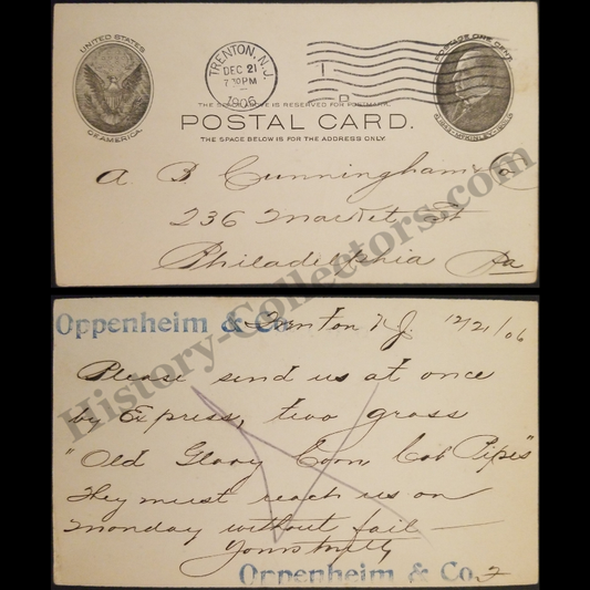 1906 Commercial Postal Card Ordering Old Glory Corn Cob Pipes Trenton NJ To Philadelphia PA