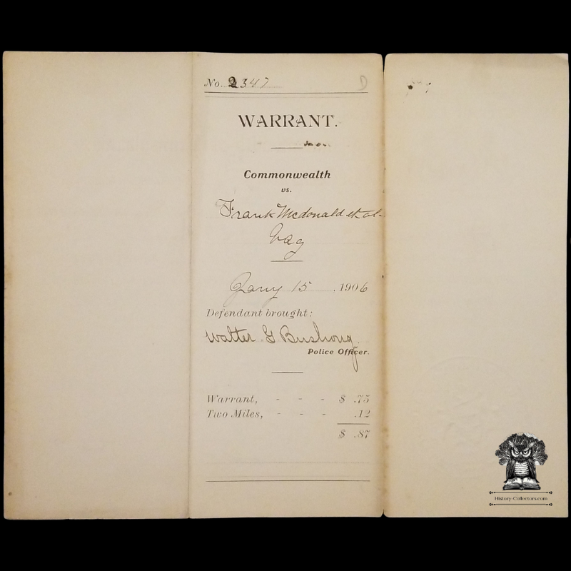 1906 Vagrancy Arrest Warrant - City Of Lancaster - Commonwealth Of Pennsylvania - Mayor Chester W Cummings - Police Officer - City Seal Vignette - Embossed Notary Seal - Official Signed