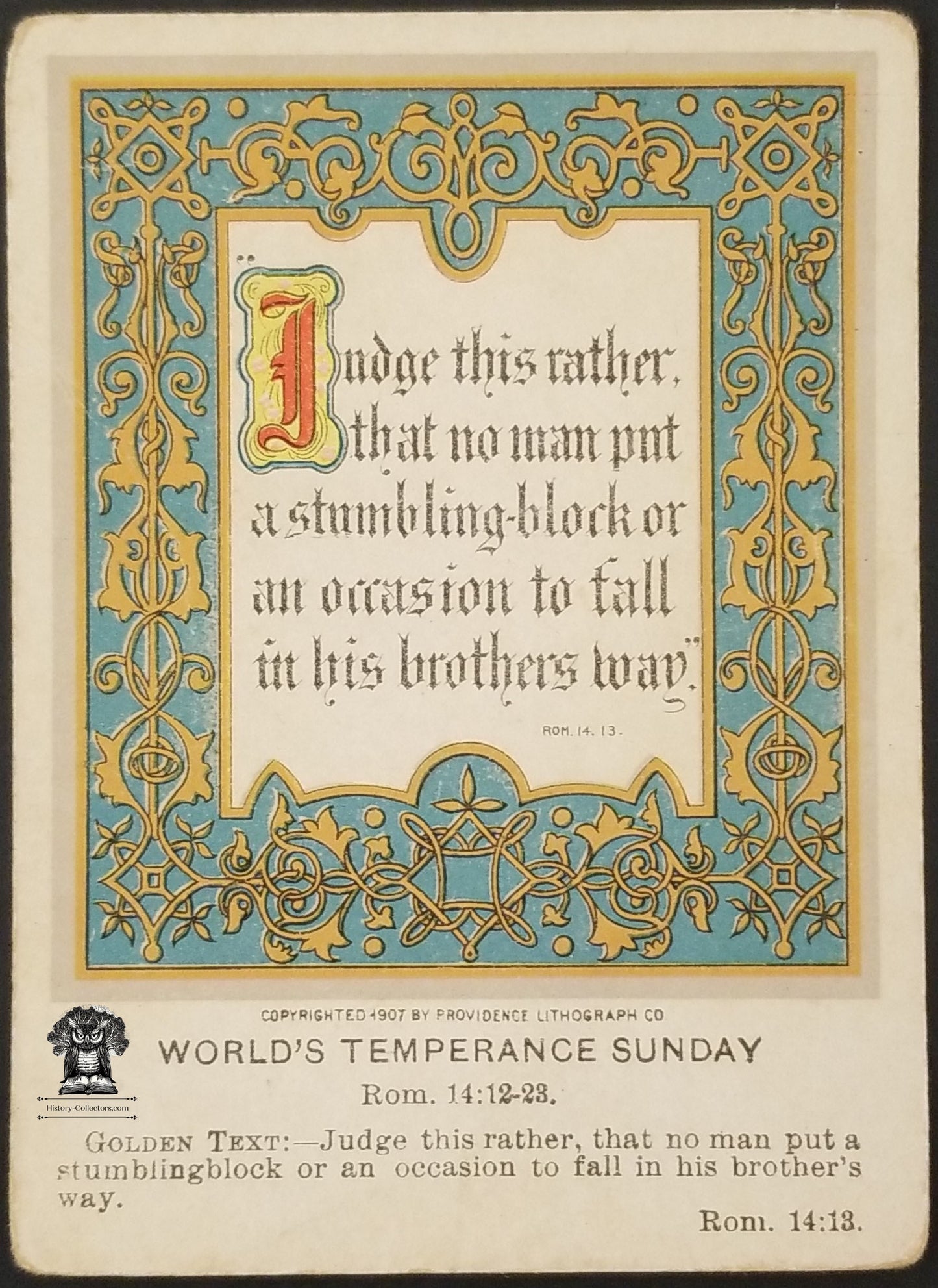 1907 Christian Picture Lesson Card - Bible Bookmark Romans 14:13 Judgement