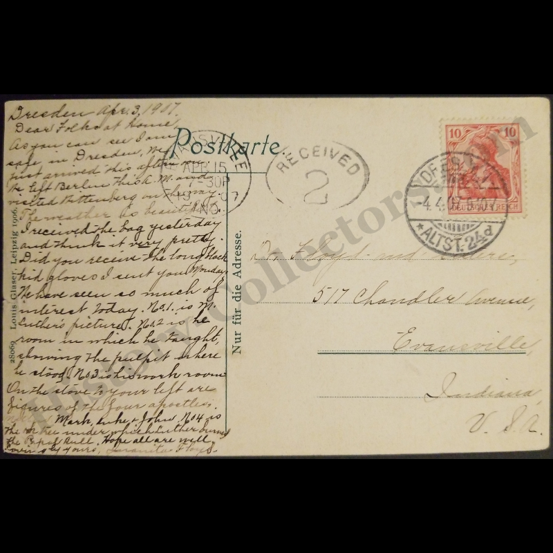 1907 Wittenberg Martin Luther Commemorative Postcard - 517 Chandler Avenue Evansville Indiana - Produced By Louis Glaser 28069 - 10pf Germania Postage Stamp With A Dresden Postal Cancel - April 4 - Ready For Framing
