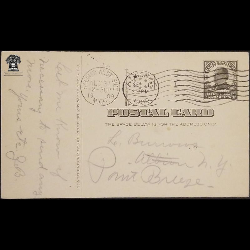 1907 Knights Of The Modern Maccabees Postal Card - Saginaw West Side Michigan - One Cent McKinley Square Black Scott UX19 - Point Breeze New York - Duplex Postal American Flag Multiple Cancel August 31 - Transit & Receiving Marks - Postcard