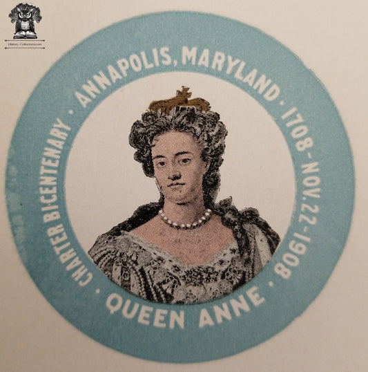 1908 Celluloid Pinback Proof Die Cut - Queen Anne Annapolis MD Bicentenary