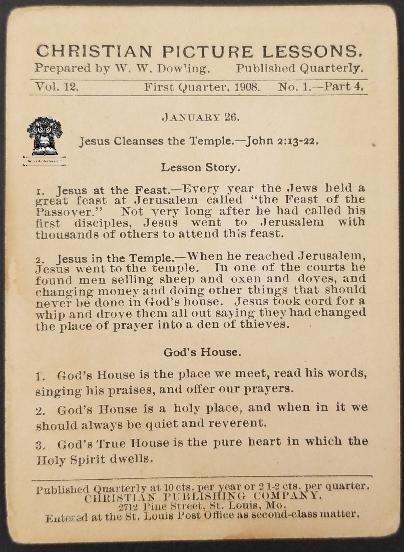 1908 Christian Picture Lesson Card Bible Bookmark - John 2:13-22 Jesus ...