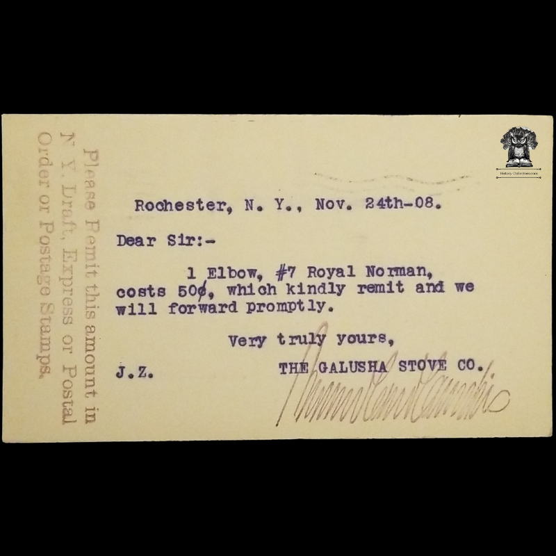 1908 Galusha Stove Co Price Quote Postal Card - Rochester New York - Kennedy NY - Pay With Postage Stamps - One Cent McKinley Black Square Scott UX19 - Postal Cancel November 24 - Postcard