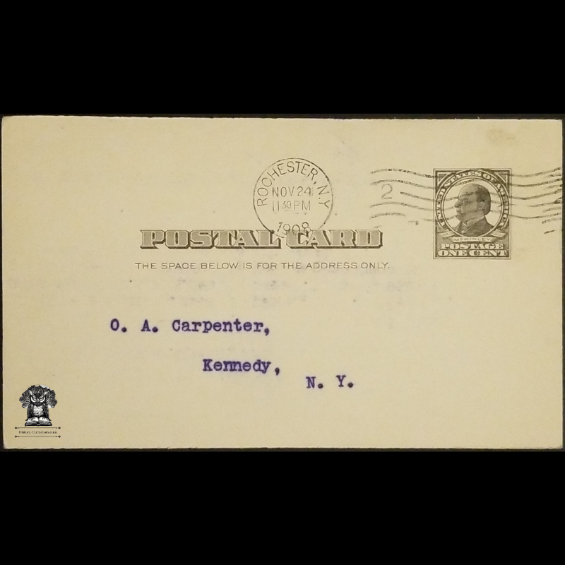 1908 Galusha Stove Co Price Quote Postal Card - Rochester New York - Kennedy NY - Pay With Postage Stamps - One Cent McKinley Black Square Scott UX19 - Postal Cancel November 24 - Postcard