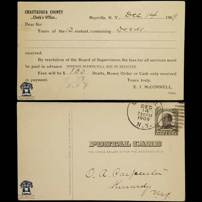 1909 Chautauqua County Clerk's Office Deed Payment Due Postal Card - Mayville NY - Kennedy NY - One Cent McKinley Square Black Scott UX19 - Duplex Postal Pillar Cancel December 14 - Postcard