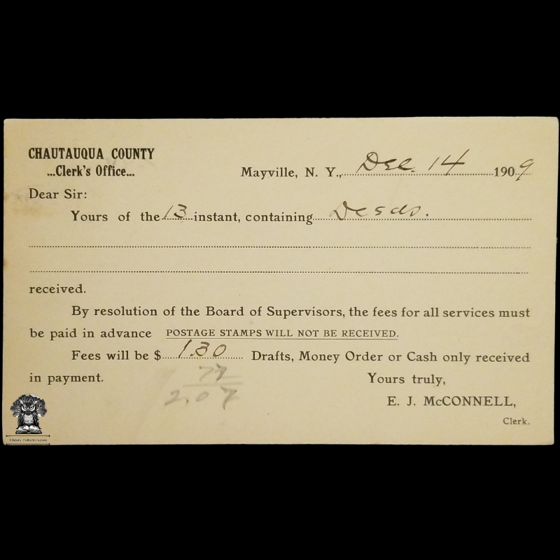 1909 Chautauqua County Clerk's Office Deed Payment Due Postal Card - Mayville NY - Kennedy NY - One Cent McKinley Square Black Scott UX19 - Duplex Postal Pillar Cancel December 14 - Postcard