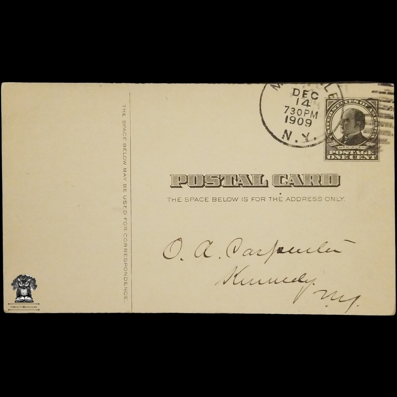 1909 Chautauqua County Clerk's Office Deed Payment Due Postal Card - Mayville NY - Kennedy NY - One Cent McKinley Square Black Scott UX19 - Duplex Postal Pillar Cancel December 14 - Postcard