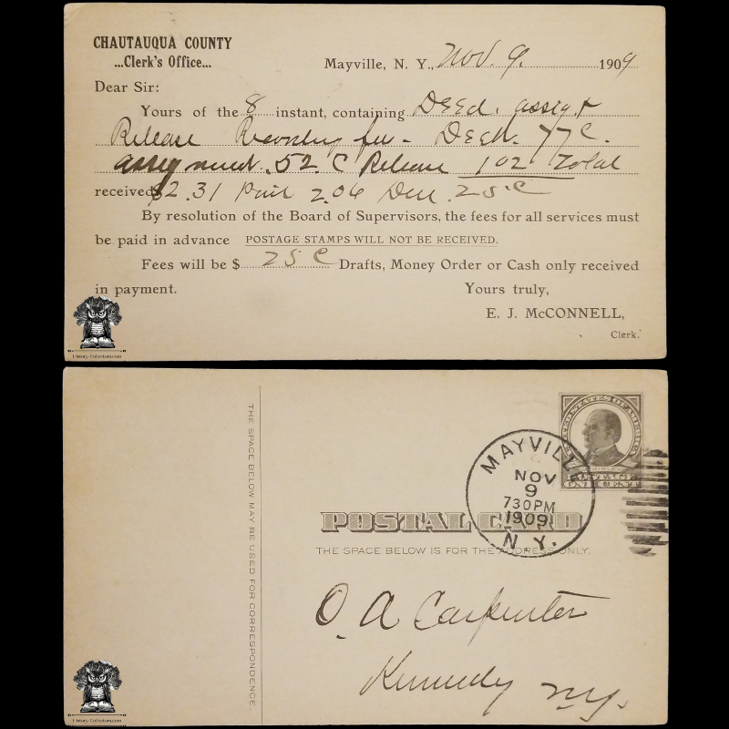 1909 Chautauqua County Clerk's Office Deed Payment Due Postal Card - Mayville NY - Kennedy NY - One Cent McKinley Square Black Scott UX19 - Duplex Postal Pillar Cancel November 9 - Postcard