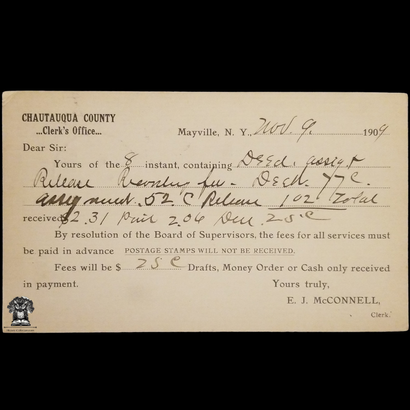 1909 Chautauqua County Clerk's Office Deed Payment Due Postal Card - Mayville NY - Kennedy NY - One Cent McKinley Square Black Scott UX19 - Duplex Postal Pillar Cancel November 9 - Postcard