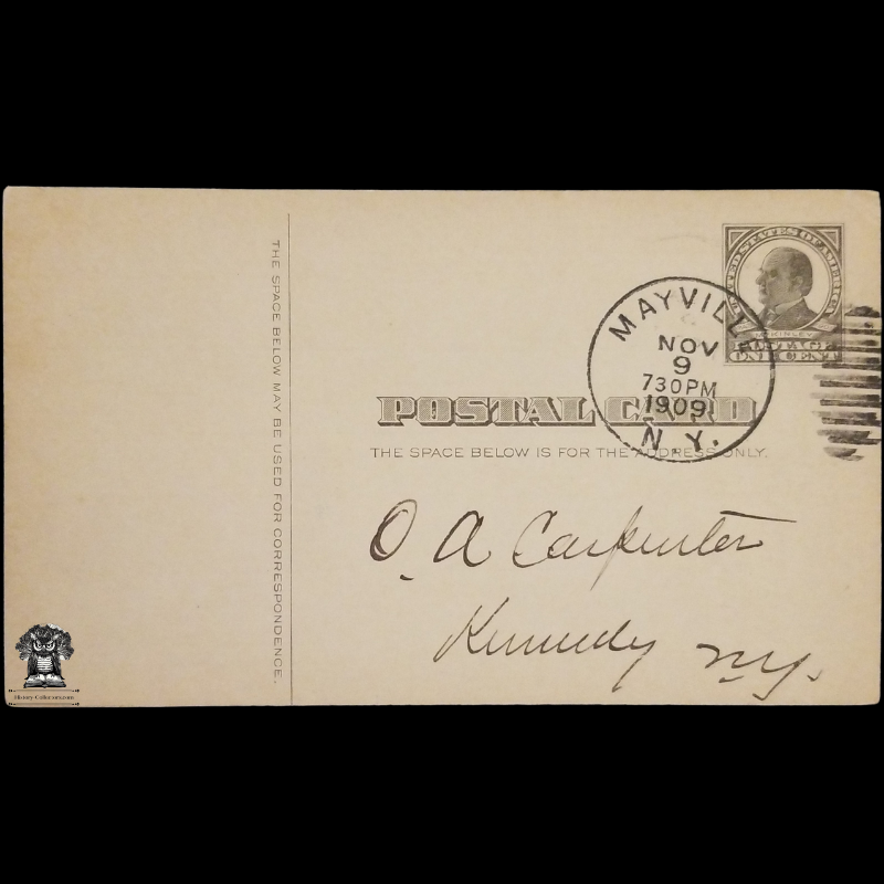 1909 Chautauqua County Clerk's Office Deed Payment Due Postal Card - Mayville NY - Kennedy NY - One Cent McKinley Square Black Scott UX19 - Duplex Postal Pillar Cancel November 9 - Postcard