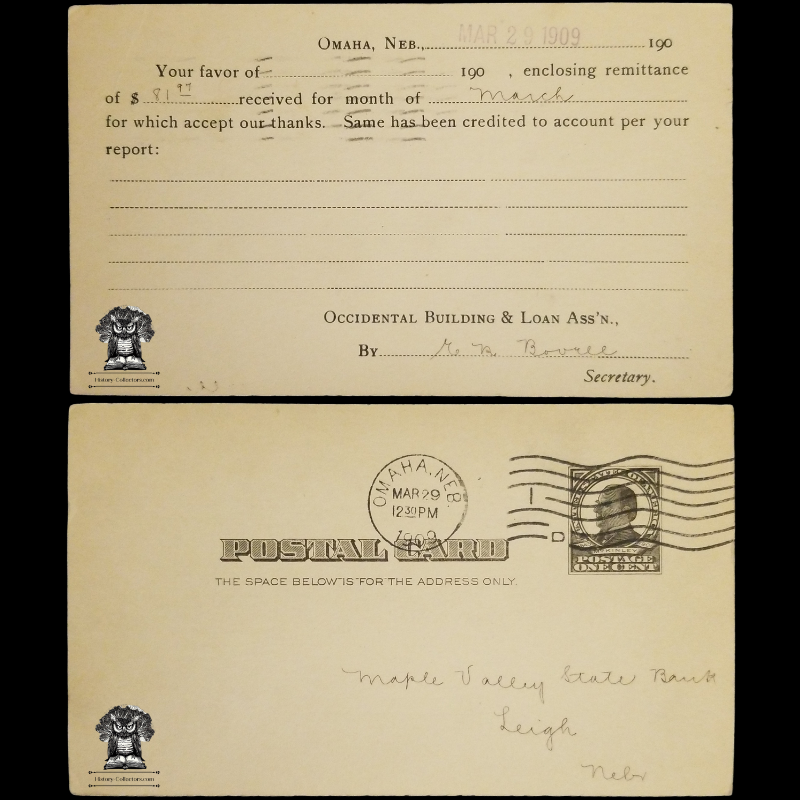 1909 Maple Valley State Bank Receipt Postal Card - Leigh Nebraska - One Cent McKinley Black Square Scott UX19 - Postal Cancel Omaha NE March 29 - Postcard