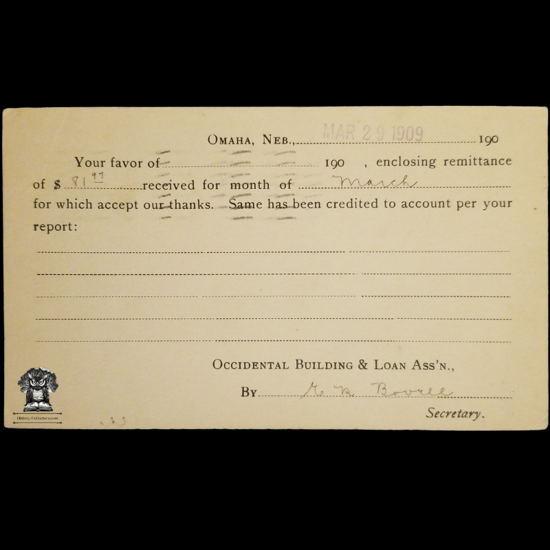 1909 Maple Valley State Bank Receipt Postal Card - Leigh Nebraska - One Cent McKinley Black Square Scott UX19 - Postal Cancel Omaha NE March 29 - Postcard