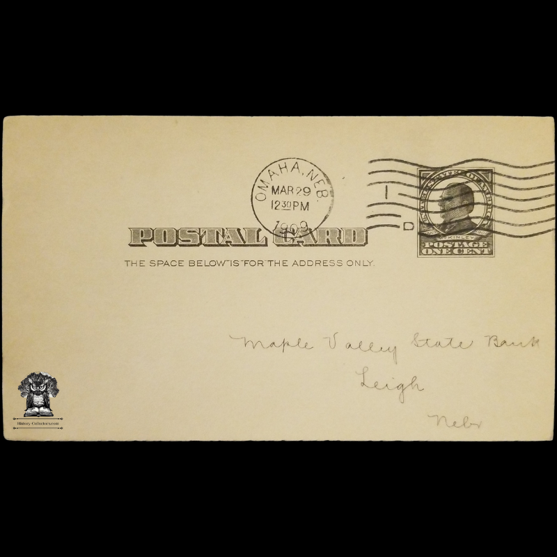 1909 Maple Valley State Bank Receipt Postal Card - Leigh Nebraska - One Cent McKinley Black Square Scott UX19 - Postal Cancel Omaha NE March 29 - Postcard