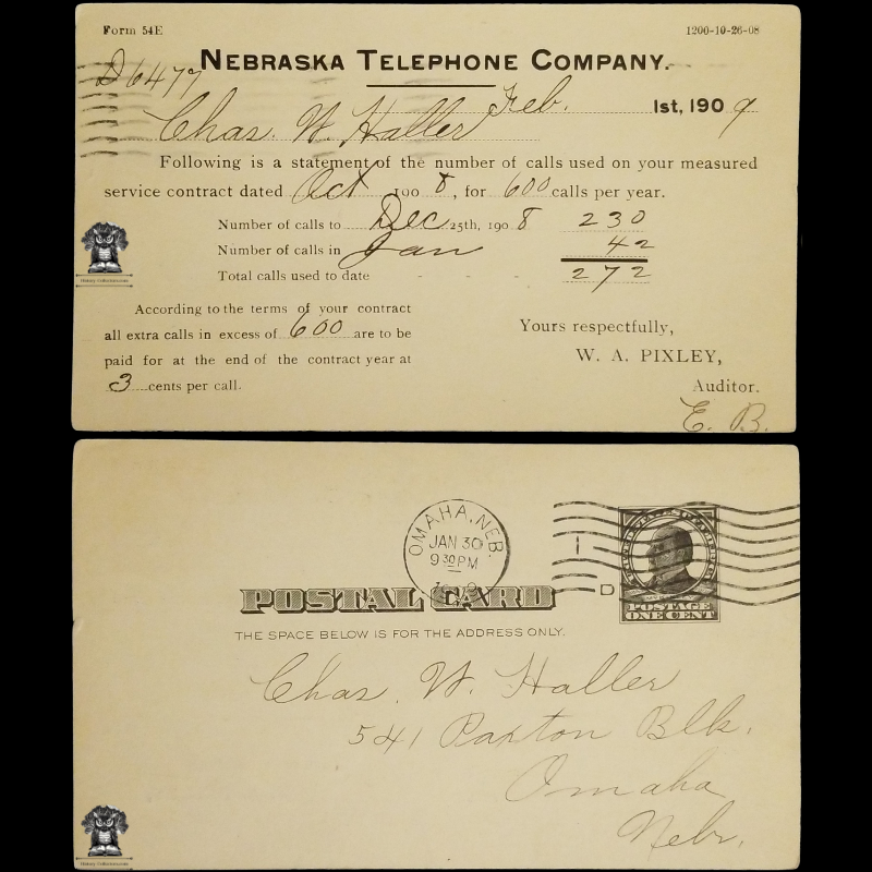 1909 Nebraska Telephone Company Usage Audit Receipt Postal Card - 541 Paxton Block Omaha NE - One Cent McKinley Square Black Scott UX19 - Machine Duplex Postal Cancel January 30 - Postcard