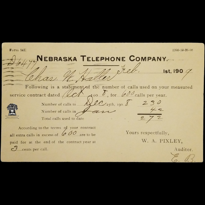 1909 Nebraska Telephone Company Usage Audit Receipt Postal Card - 541 Paxton Block Omaha NE - One Cent McKinley Square Black Scott UX19 - Machine Duplex Postal Cancel January 30 - Postcard