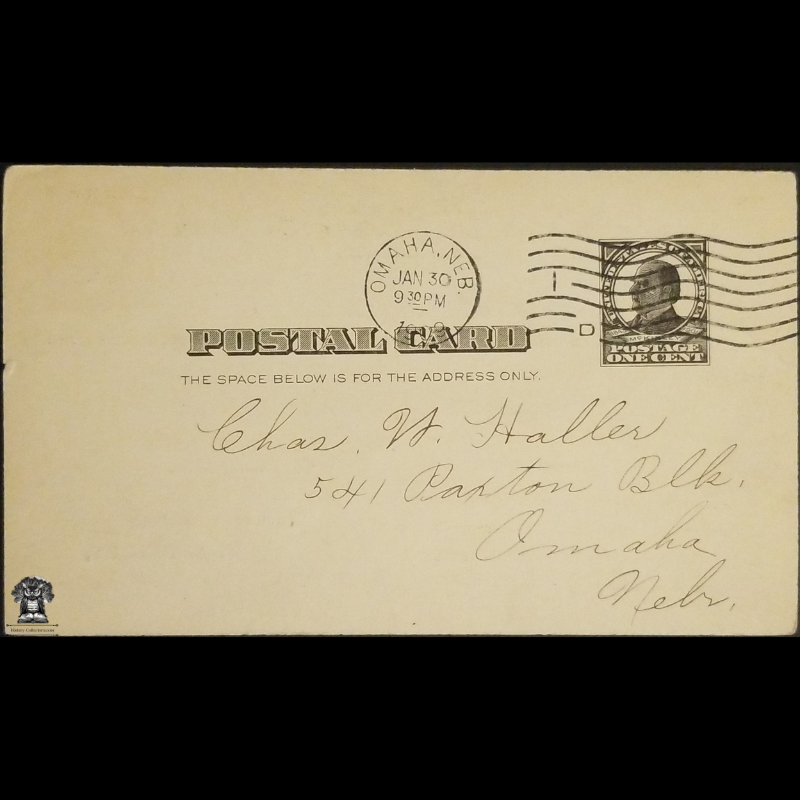 1909 Nebraska Telephone Company Usage Audit Receipt Postal Card - 541 Paxton Block Omaha NE - One Cent McKinley Square Black Scott UX19 - Machine Duplex Postal Cancel January 30 - Postcard