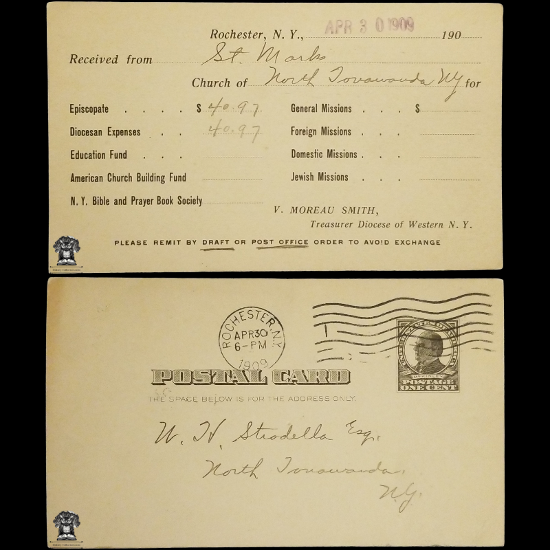 1909 The Episcopal Church Financial Receipt Postal Card - St. Mark's - Diocese Of Western NY - North Tonawanda NY - Episcopate - One Cent McKinley Square Black Scott UX19 - Rochester NY Machine Duplex Postal Cancel April 30 - Postcard