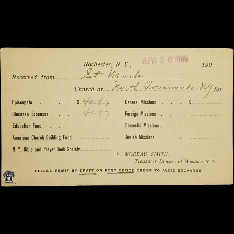 1909 The Episcopal Church Financial Receipt Postal Card - St. Mark's - Diocese Of Western NY - North Tonawanda NY - Episcopate - One Cent McKinley Square Black Scott UX19 - Rochester NY Machine Duplex Postal Cancel April 30 - Postcard