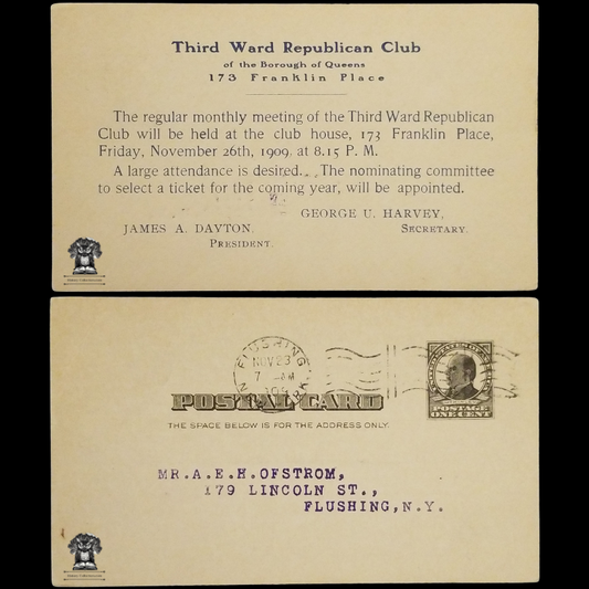 1909 Third Ward Republican Club Meeting Announcement Postal Card - Borough Of Queens New York - 173 Franklin Place - One Cent McKinley Square Black Scott UX19 - Duplex Postal Cancel Flushing NY November 23 - Postcard