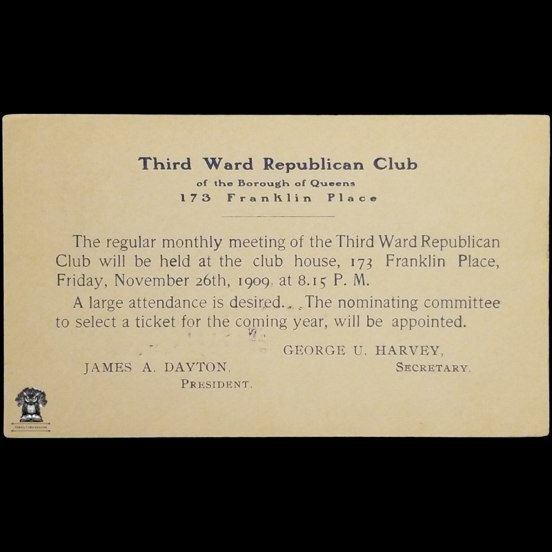 1909 Third Ward Republican Club Meeting Announcement Postal Card - Borough Of Queens New York - 173 Franklin Place - One Cent McKinley Square Black Scott UX19 - Duplex Postal Cancel Flushing NY November 23 - Postcard