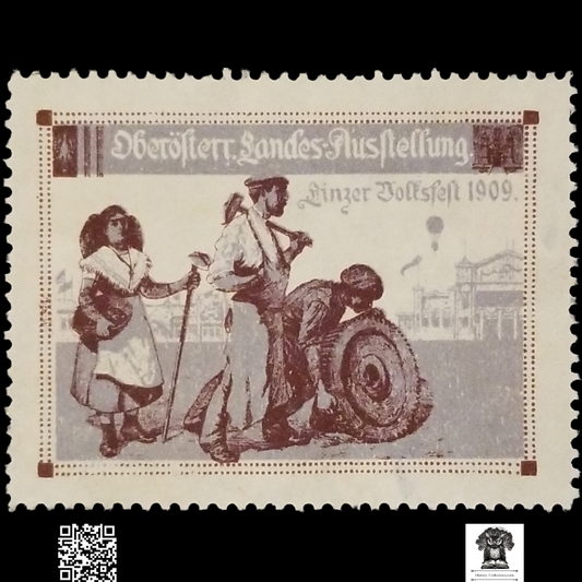 1909 Upper Austrian Regional Exhibition Linz Folk Festival Cinderella Poster Stamp - Agricultural Heritage