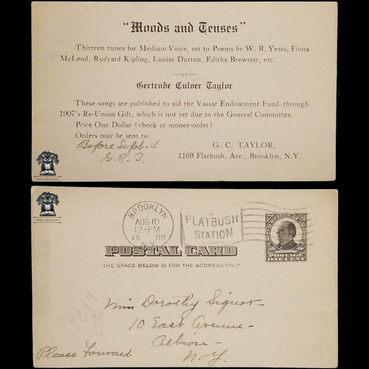 1909 Vassar College Endowment Fund Fundraising Promotion Postal Card - Moods And Tenses - Gertrude Culver Taylor - 1169 Flatbush Ave Brooklyn NY - 10 East Ave Albion NY - One Cent McKinley Square Black Scott UX19