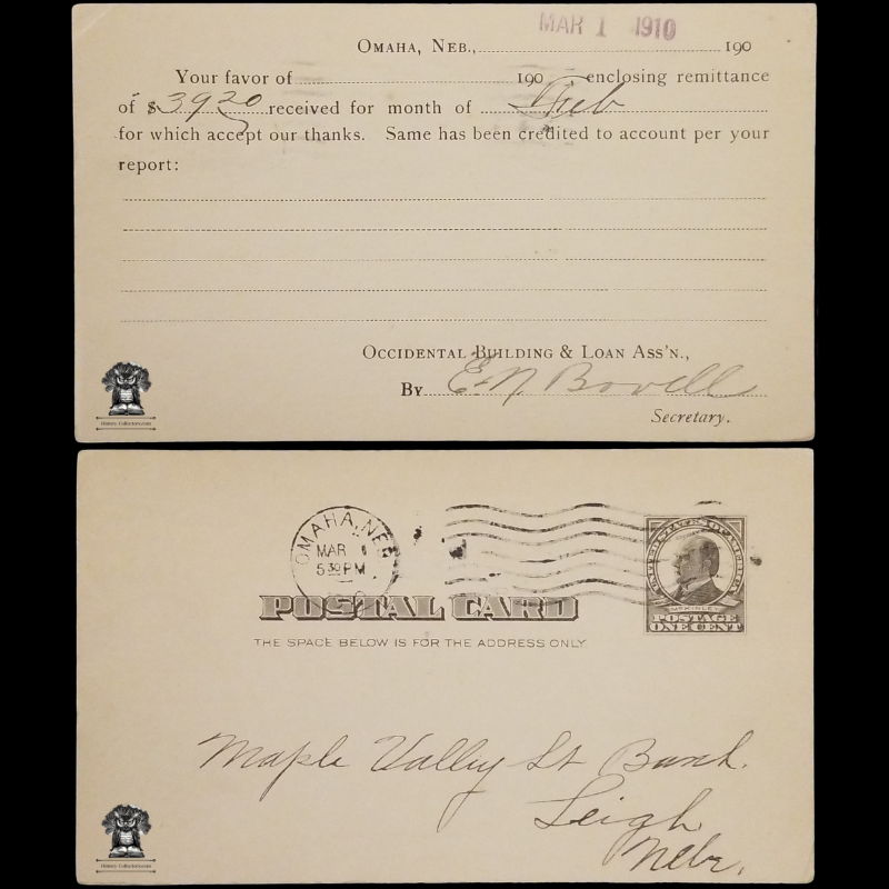 1910 Maple Valley State Bank Receipt Postal Card - Leigh Nebraska - One Cent McKinley Black Square Scott UX19 - Postal Cancel Omaha NE March 1 - Postcard