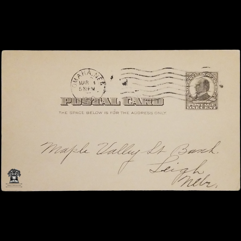 1910 Maple Valley State Bank Receipt Postal Card - Leigh Nebraska - One Cent McKinley Black Square Scott UX19 - Postal Cancel Omaha NE March 1 - Postcard