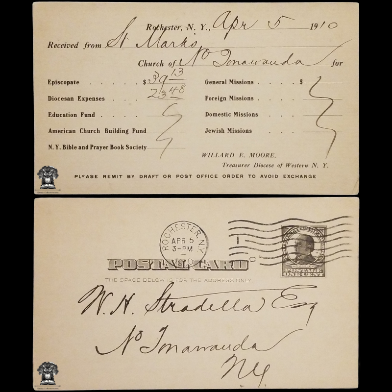 1910 The Episcopal Church Financial Receipt Postal Card - St. Mark's - Diocese Of Western NY - North Tonawanda NY - Episcopate - One Cent McKinley Square Black Scott UX19 - Rochester NY Machine Duplex Postal Cancel April 5 - Postcard