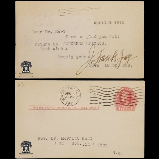 1911 Congress Heights Personal Correspondence Postal Card - Reverend Doctor Merritt Earl - R Street Bet., 14 & 15 Street NW - Washington DC - J. Frank Joy - 2305 18th Street NW - One Cent Lincoln Red Scott UX23 - Postal Cancel April 4 - Postcard