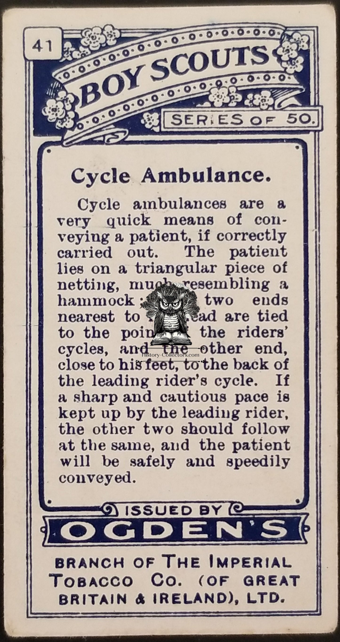 1911 Ogden's Boy Scouts 1st Series Blue Back Tobacco Card #41 - Cycle Ambulance