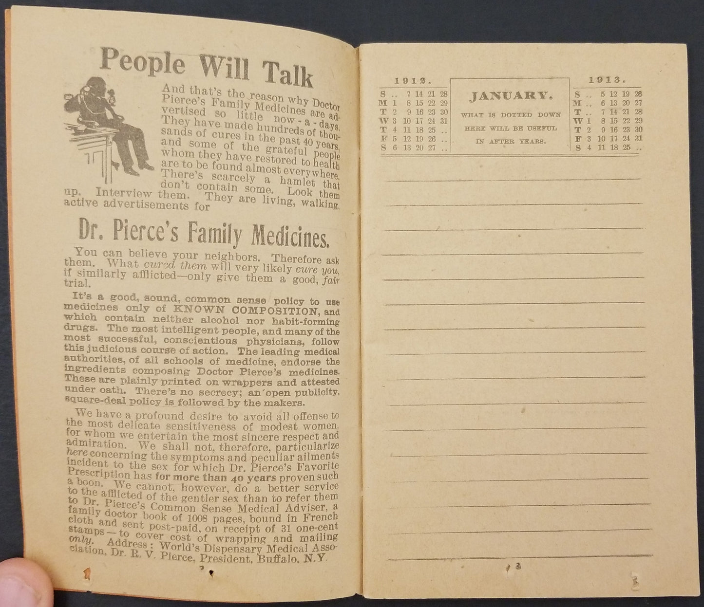 1912 /13 Dr. Pierce's Advertising Calendar Note Book Pharma Medicines Diary