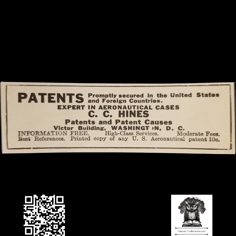 1912 C.C. Hines Print Advertisement Clipping - Attorney Patent Agency Aeronautics Filing - Washington D.C. - Aviation History - Ready For Framing