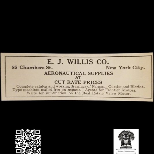1912 E.J. Willis Company Print Advertisement Clipping - Aeronautical Supplies - 85 Chambers Street New York City - Aviation History - Ready For Framing