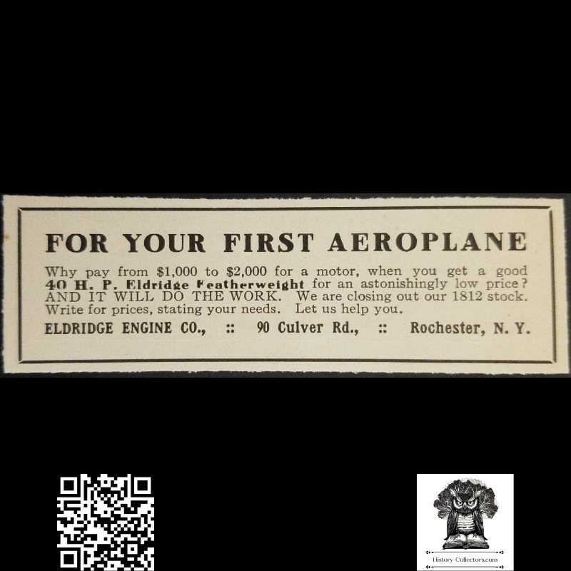 1912 Eldridge Engine Co Print Advertisement Clipping - 90 Culver Road Rochester New York - Early Aviation Motor Technology - Aviation History - Ready For Framing