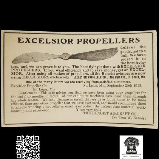 1912 Excelsior Propeller Co Print Advertisement Clipping - 1488 Belt Ave St. Louis Missouri - Aviation History - Ready For Framing