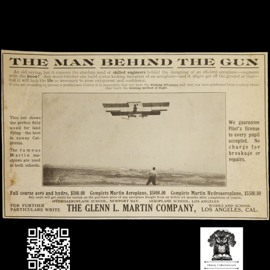 1912 Glenn L Martin Co Print Advertisement Clipping - Flight Training - Newport Bay Los Angeles California - Aviation History - Ready For Framing