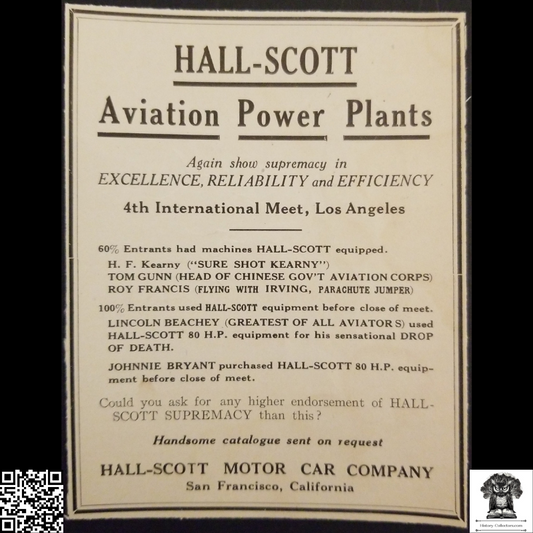 1912 Hall-Scott Motor Car Company Print Advertisement Clipping - San Francisco California - 4th International Ariel Meet - Los Angeles California - Aviation History - Ready For Framing