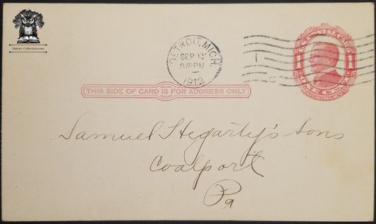 1912 Hegarty Sons Coalport PA Postcard - One Cent McKinley Postal Card - Scott UX24 - Postal Cancel Detroit MI