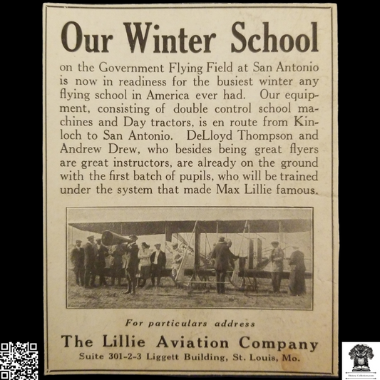 1912 Lillie Aviation Company Winter Flying School Print Advertisement Clipping - Liggett Building St. Louis Missouri - Government Flying Field - San Antonio Texas - Aviation History - Ready For Framing