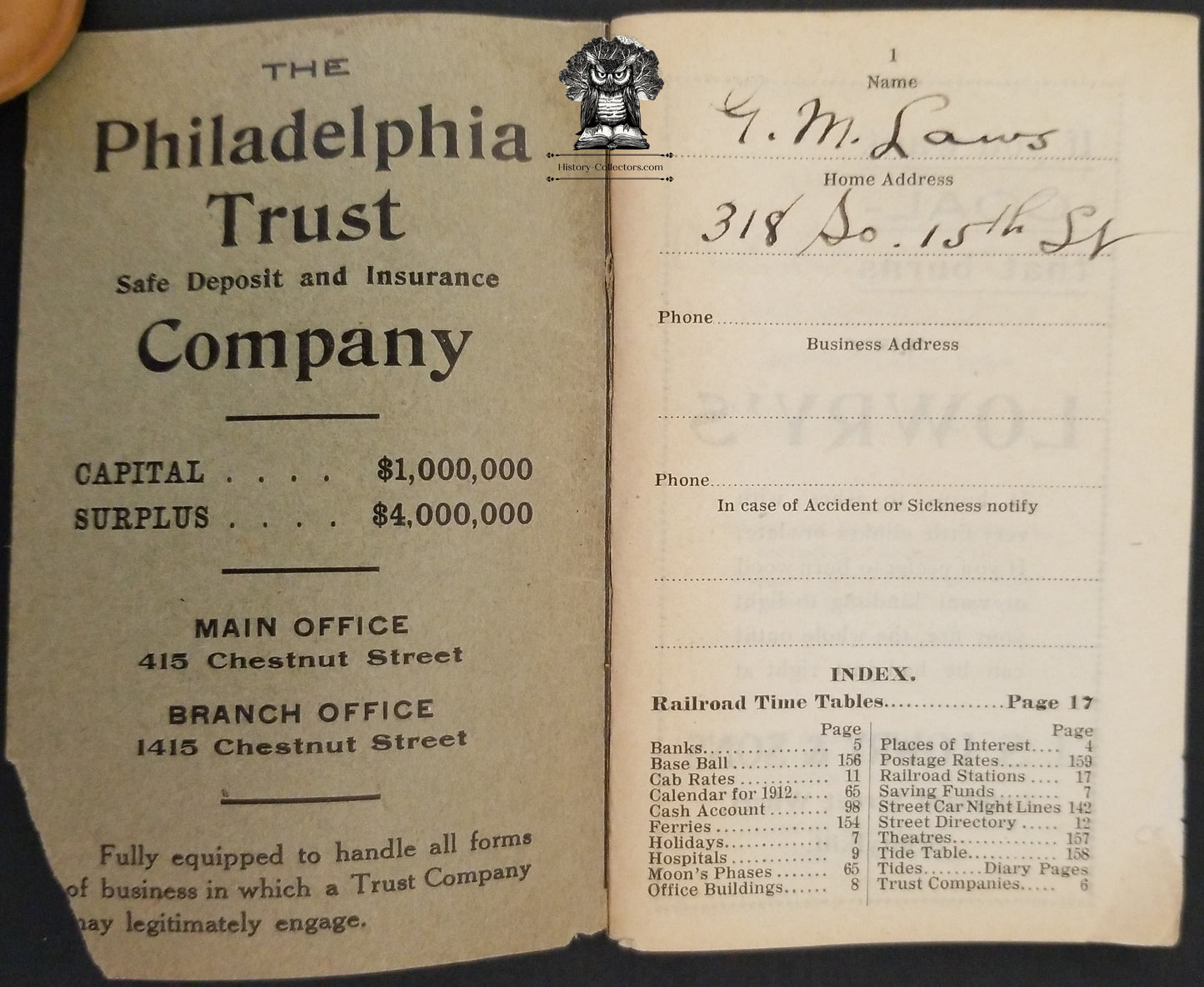 1912 May Anderson's Pocket Guide - PRR Pennsylvania Railroad Time Table Booklet - Philadelphia Trust Company - First National Bank of Philadelphia