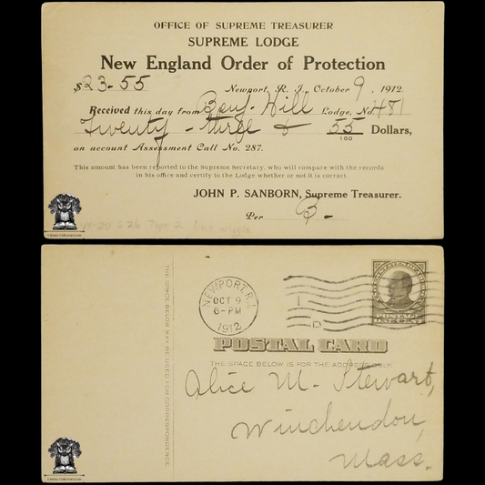 1912 New England Order Of Protection Payment Receipt Postal Card - Winchendon Massachusetts - Worcester County - Newport Rhode Island - One Cent McKinley Square Black Scott UX20 - Machine Duplex Postal Cancel October 9 - Postcard