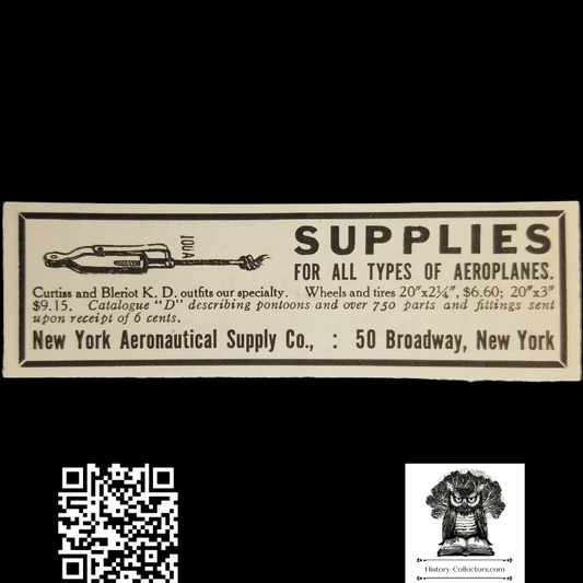 1912 New York Aeronautical Supply Co Print Advertisement Clipping - 50 Broadway - Aviation History - Ready For Framing