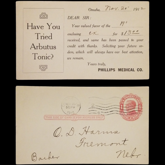 1912 Phillips Medical Co Arbutus Tonic Advertising Order Form Postal Card - Omaha Nebraska - Barber O D Harms Fremont Nebraska - One Cent McKinley Red Scott UX24 - Postal Cancel November 20 - Postcard