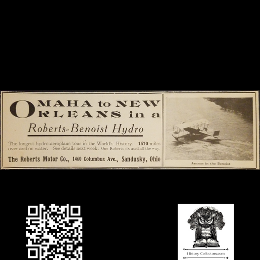 1912 Roberts Motor Co Aerial Hydroplane Flight Print Advertisement Clipping - Roberts-Benoist Hydro - Omaha Nebraska To New Orleans Louisiana - 1460 Columbus Ave - Sandusky Ohio - Aviation History - Ready For Framing